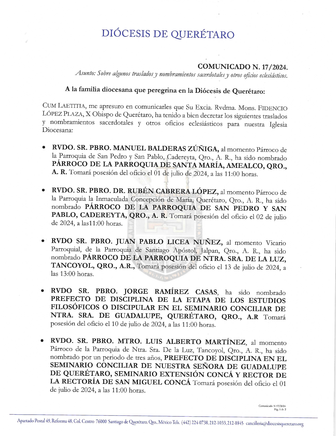 COMUNICADO N. 17/2024. Sobre algunos traslados y nombramientos sacerdotales y otros oficios eclesiásticos.